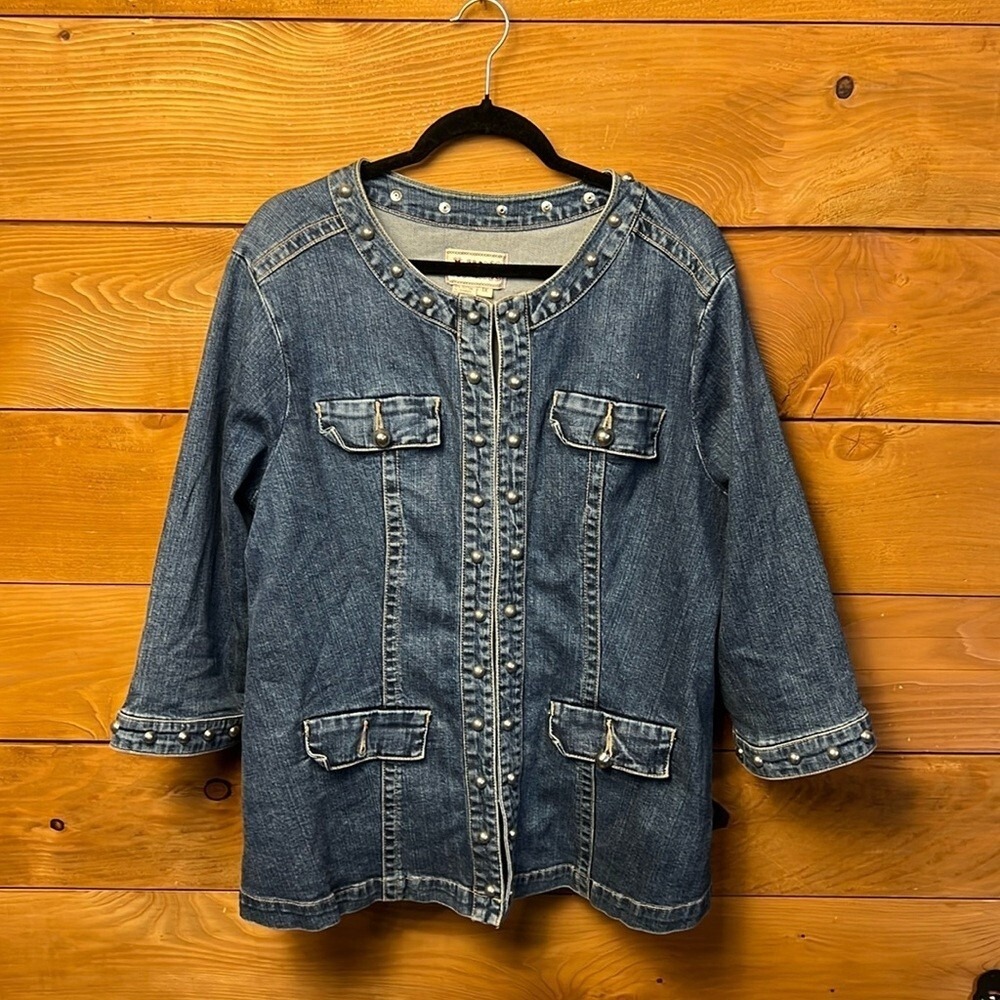 AMX Women's‎ Denim Jacket Studded Collar Cuffs 3/4 Sleeves 1X